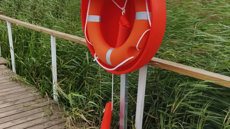 Raudonas gelbėjimosi ratas apsauginiame dėkle ant medinio liepto šalia žalių nendrių.