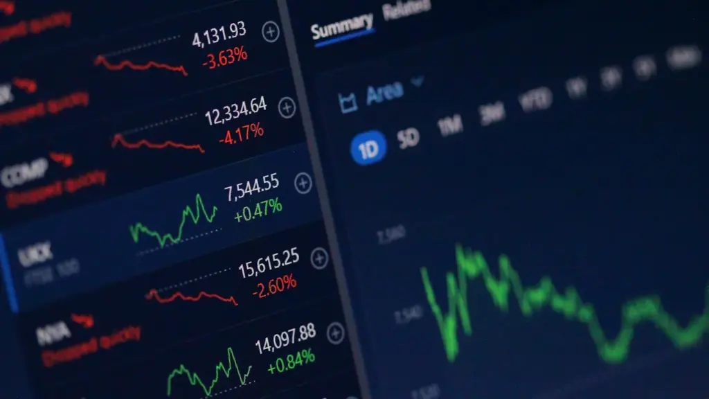 Skaitmeninis akcijų rinkos grafikas rodantis palūkanų normų svyravimus ir finansinę statistiką.