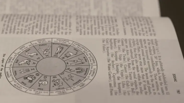 Senovinė knyga su zodiako ženklų ratu, skirta astrologinėms prognozėms ir planavimui.