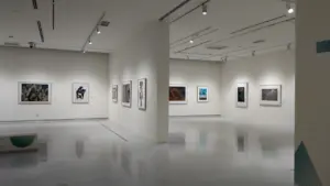 Šviesi, erdvi meno galerija su paveikslais, eksponuojamais ant baltų muziejaus sienų.