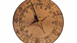 Bronzinis Zodiako ženklų ratas su saulės laikrodžiu, vaizduojantis visus dvylika ženklų.