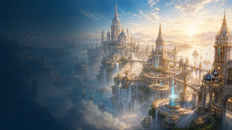 Platus fantastinio MMORPG pasaulio ir miesto vaizdas