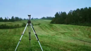 Matininko geodezinis įrenginys ant trikojo stovi žaliuojančiame lauke dienos metu.