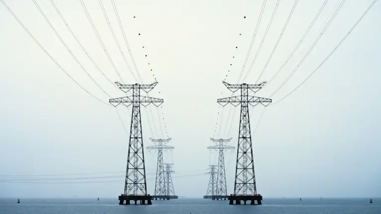 Elektros perdavimo linijos bokštai vandenyje atvirame peizaže, simbolizuojantys šalies energetikos infrastruktūrą.