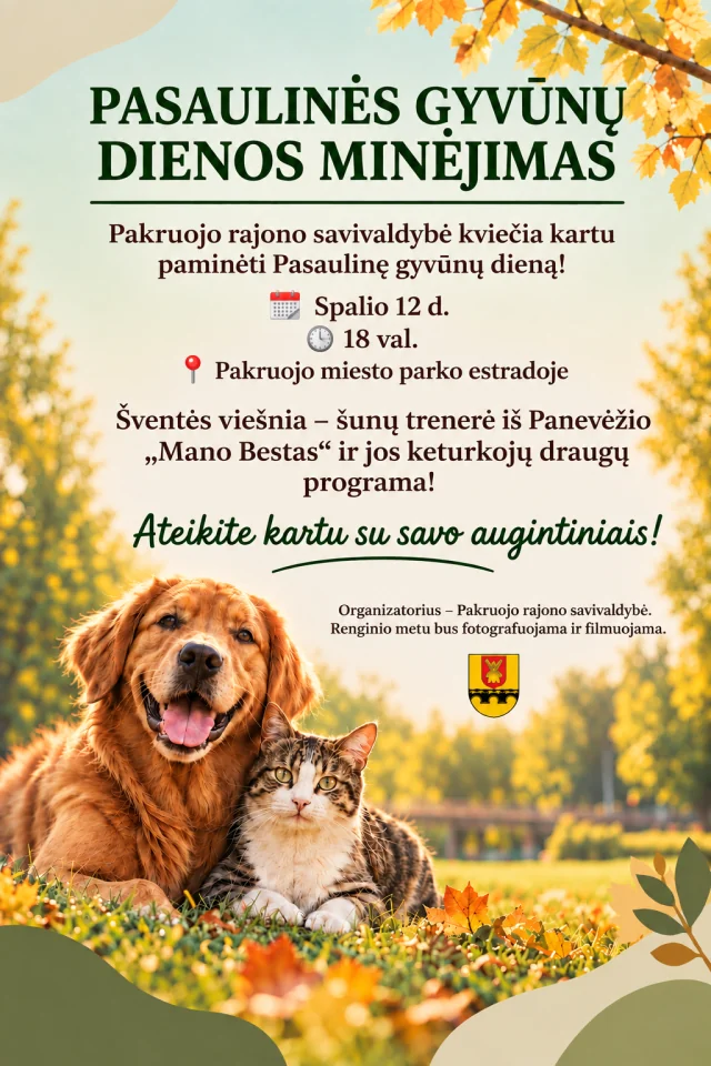 Pasaulinė gyvūnų diena Pakruojyje: susitikimas parke spalio 12-ąją